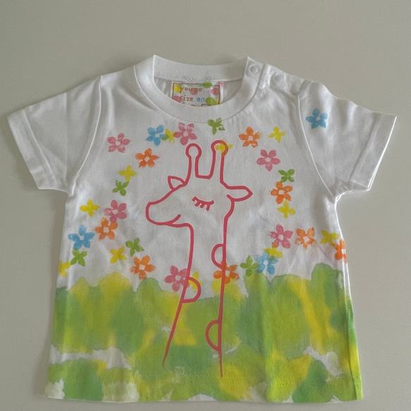 kidsTシャツ90cm「キリンと花リース」90-210916-4 1枚目の画像