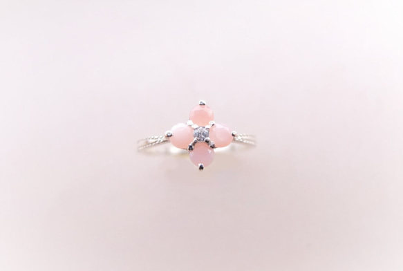粉色蛋白石花朵銀戒指 第2張的照片