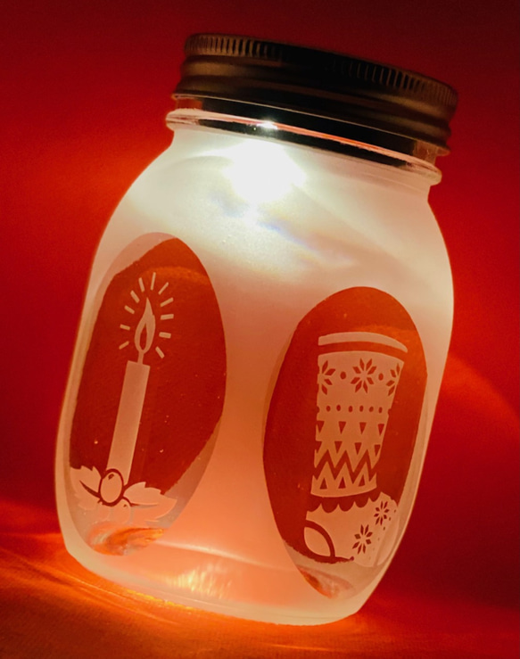 クリスマス彫刻　LEDライト付ガラスジャー　クリスマスオブジェに 1枚目の画像