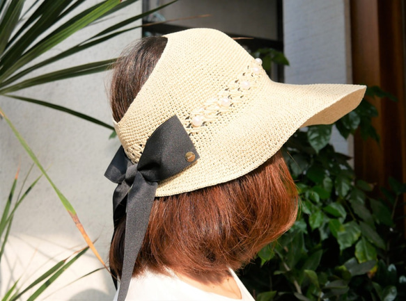 夏日珍珠蝴蝶結遮陽帽(R7766F) 第1張的照片