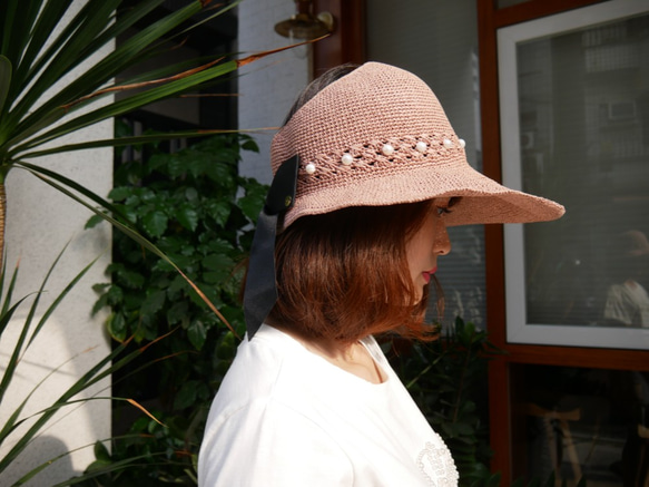 夏日珍珠蝴蝶結遮陽帽(R7766F) 第2張的照片