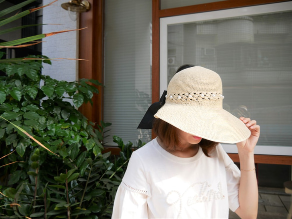 夏日珍珠蝴蝶結遮陽帽(R7766F) 第3張的照片