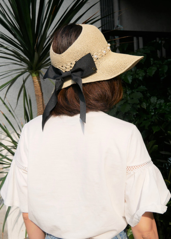 夏日珍珠蝴蝶結遮陽帽(R7766F) 第5張的照片