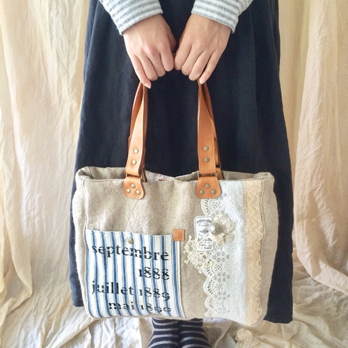 アンティークレースのA4横型トートバッグ（フランス語）*160501 トート