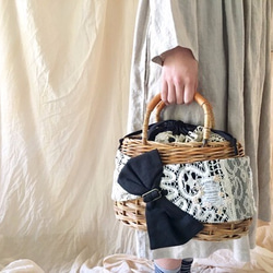 アンティークレースとリボンの大人のためのかごバッグ*170401 1枚目の画像