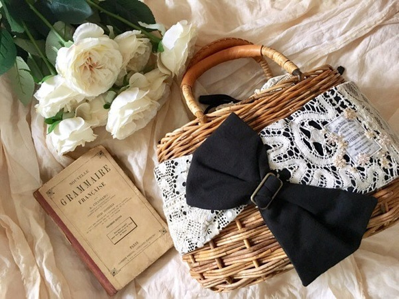 アンティークレースとリボンの大人のためのかごバッグ*170401 2枚目の画像