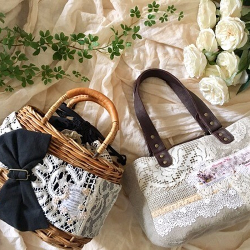 アンティークレースとリボンの大人のためのかごバッグ*170401 かご