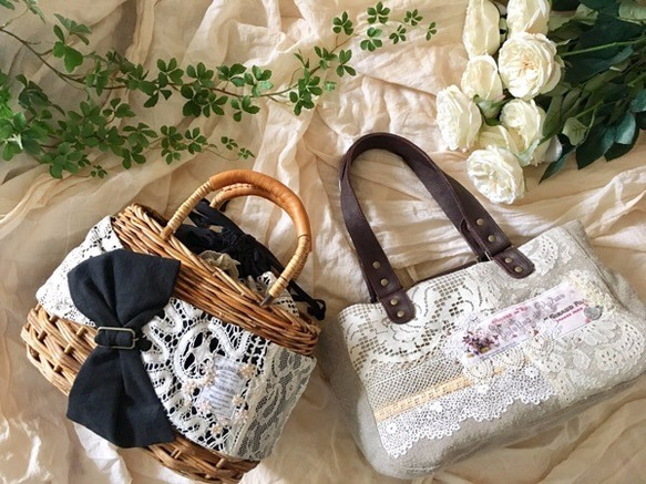 アンティークレースとリボンの大人のためのかごバッグ*170401 10枚目の画像