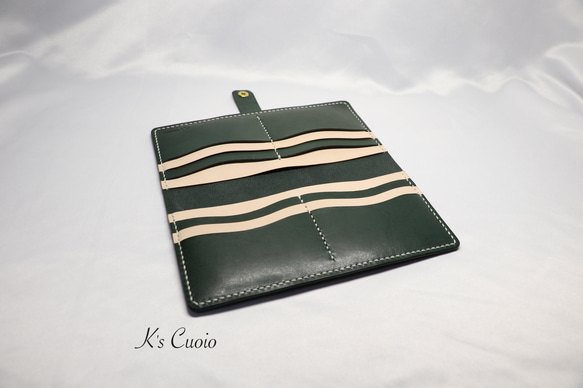 ヌメ革 手縫いのカードホルダー（グリーン色）【送料無料】 10枚目の画像