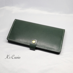 ヌメ革 手縫いのカードホルダー（グリーン色）【送料無料】 1枚目の画像