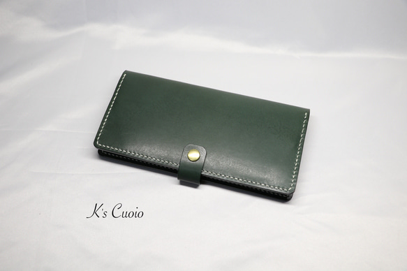 ヌメ革 手縫いのカードホルダー（グリーン色）【送料無料】 1枚目の画像