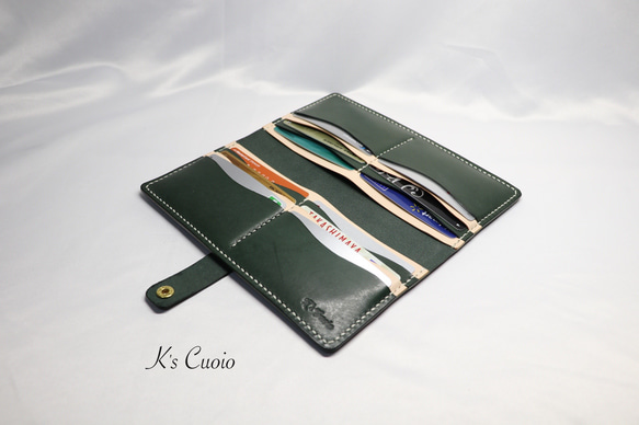 ヌメ革 手縫いのカードホルダー（グリーン色）【送料無料】 4枚目の画像