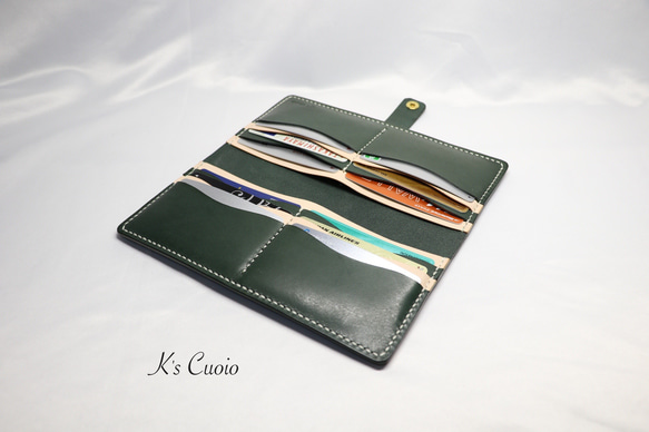 ヌメ革 手縫いのカードホルダー（グリーン色）【送料無料】 5枚目の画像