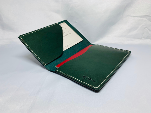 ヌメ革 手縫いのパスポートケース（グリーン色）【送料無料】 6枚目の画像