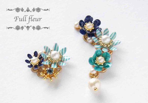 【再々販】Stripe daisy ear cuff set -Blue- 1枚目の画像