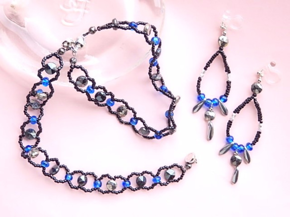 9/30までsale!bracelace &earring set：blue-night×silver-night 2枚目の画像