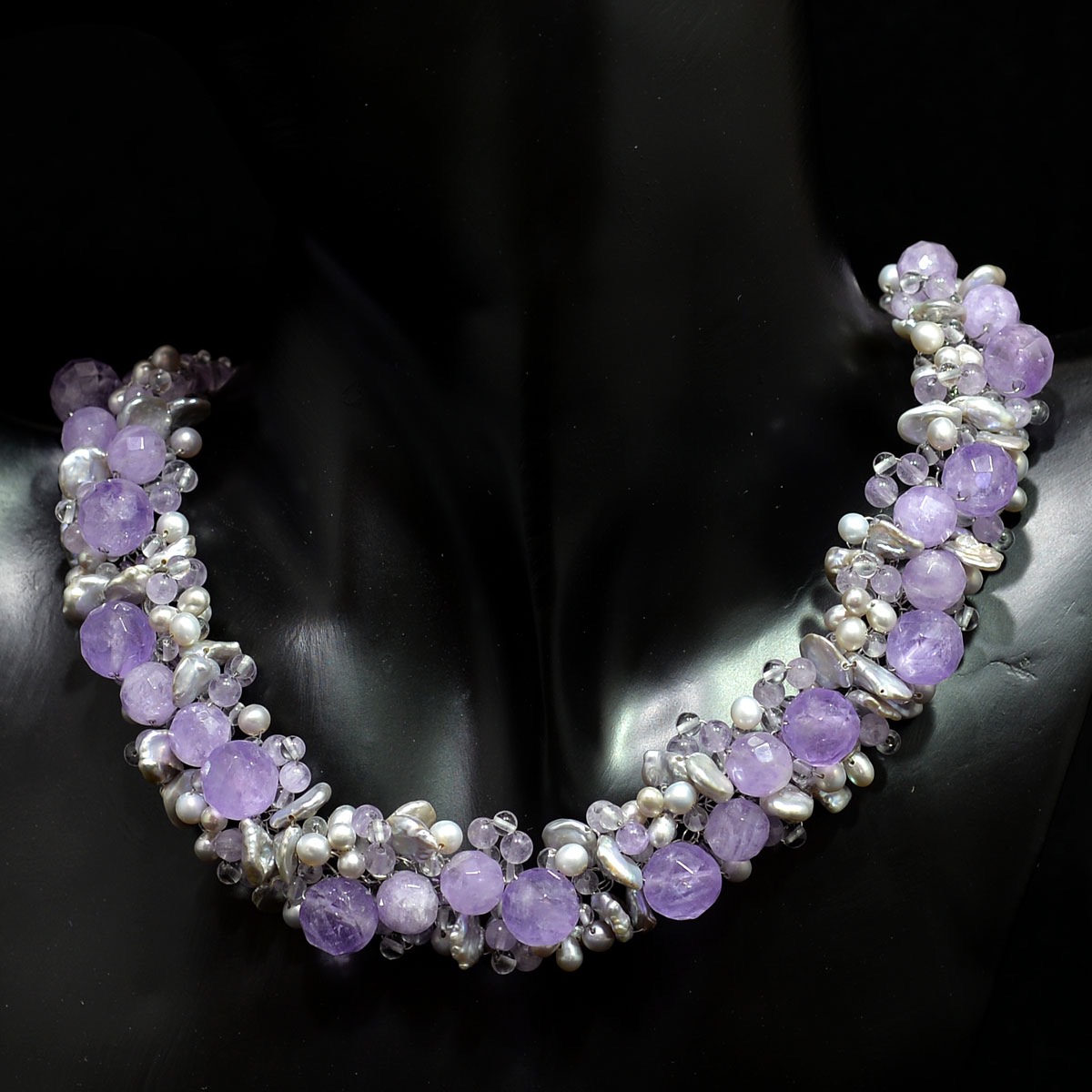 ラベンダーアメジストと淡水パールのネックレス 【ステンレスワイヤークロッシェ】【送料無料】