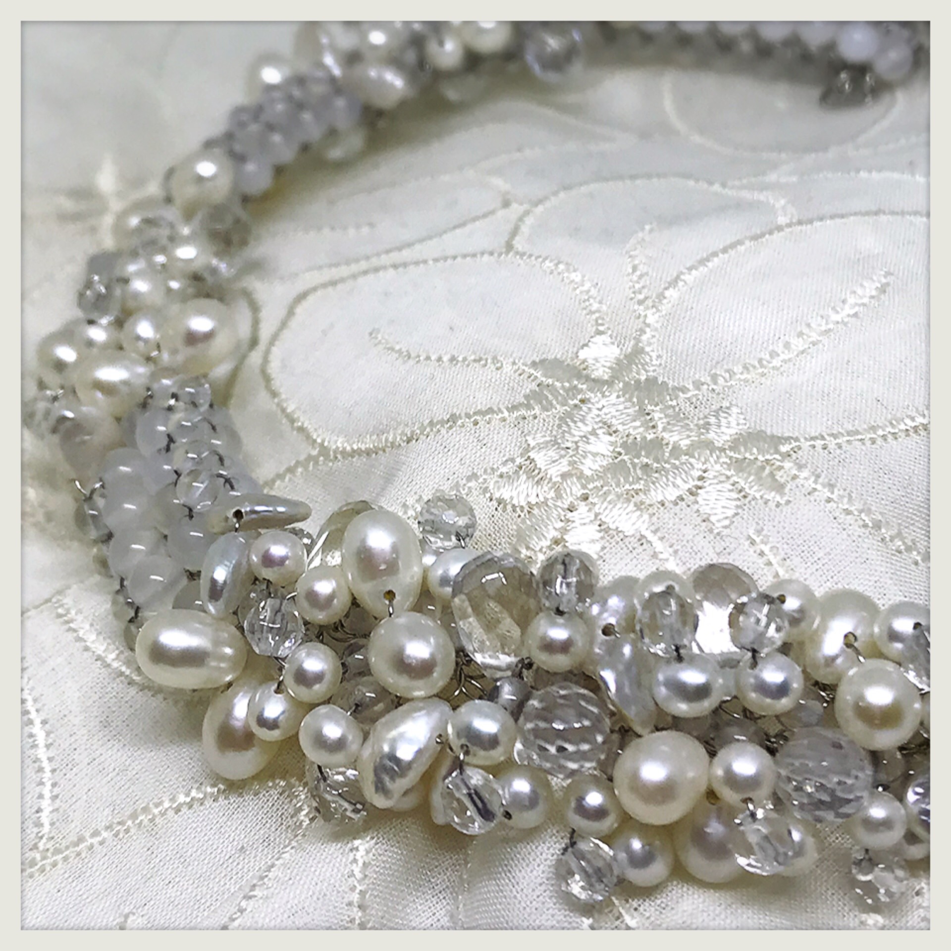 淡水パール＆水晶＆ホワイトジェードのネックレス 【ステンレスワイヤークロッシェ】【送料無料】