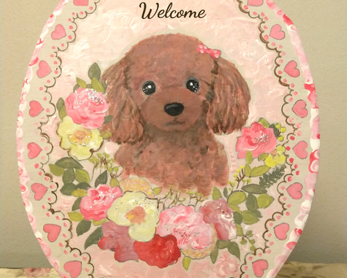 【高額売筋】 トールペイントハンドメイド☆トイプードル 赤色 ペット 犬 表札 イラスト