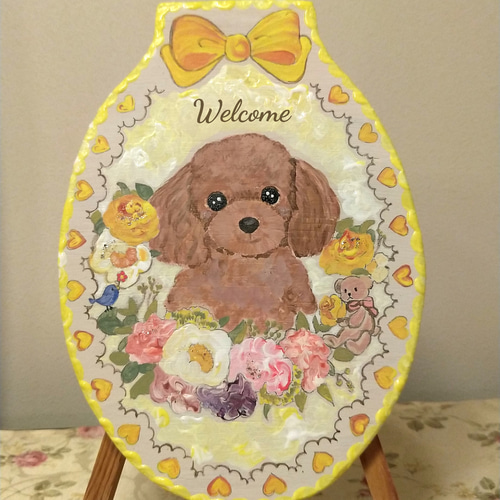 トールペイントハンドメイド☆トイプードル 赤色 犬 ペット 絵 表札