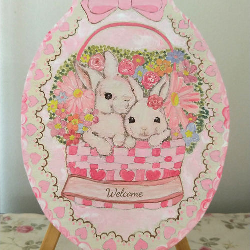 トールペイントハンドメイド☆ウサギ 花カゴ ペット 絵 表札看板