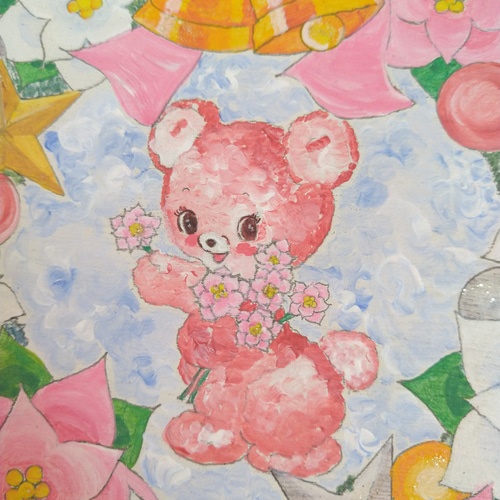 トールペイント　クリスマスリース　くま トールペイントハンドメイド☆クリスマスリース ピンクくま 表札看板