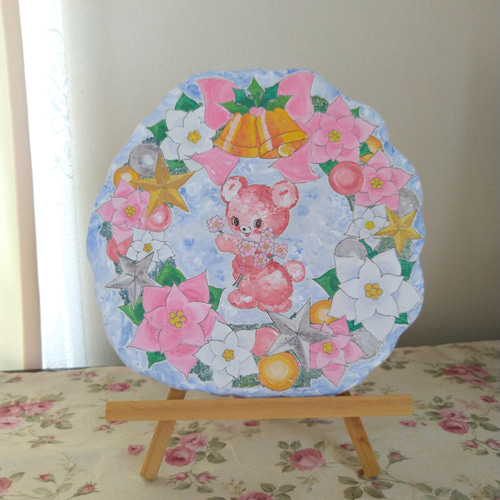 トールペイントハンドメイド☆クリスマスリース ピンクくま 表札看板