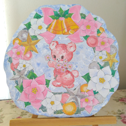 トールペイント　クリスマスリース　くま トールペイントハンドメイド☆クリスマスリース ピンクくま 表札看板