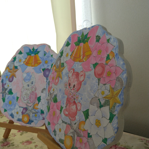 トールペイントハンドメイド☆クリスマスリース ピンクくま 表札看板