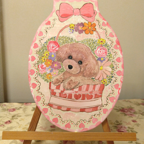 トールペイントハンドメイド☆トイプードル 犬 ペット 絵 花カゴ 表札