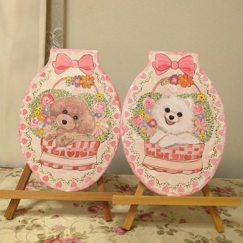 トールペイントハンドメイド☆トイプードル 犬 ペット 絵 花カゴ 表札