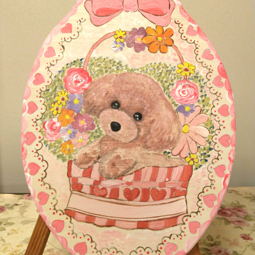 トールペイントハンドメイド☆トイプードル 犬 ペット 絵 花カゴ 表札