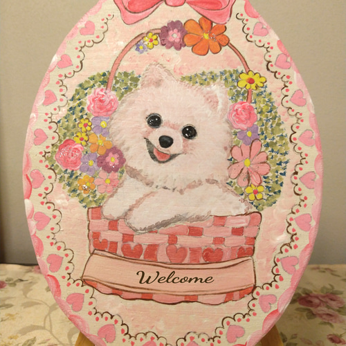 トールペイントハンドメイド☆ポメラニアン 犬 ペット 絵 花カゴ 表札