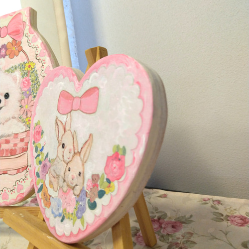 トールペイントハンドメイド☆うさぎ ペット 絵 ハート型 表札看板