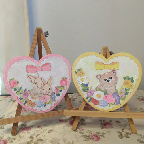 トールペイントハンドメイド☆うさぎ ペット 絵 ハート型 表札看板