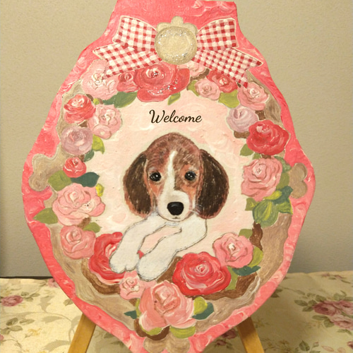 誕生日プレゼント トールペイントハンドメイド☆ビーグル 犬 ペット 絵 赤薔薇 ウェルカムボード