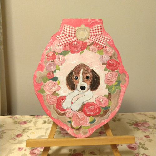 トールペイントハンドメイド☆ビーグル 犬 ペット 絵 赤薔薇 チェック