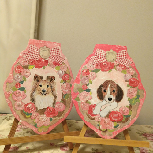 【2024新春福袋】 トールペイントハンドメイド☆ビーグル 赤薔薇 絵 ペット 犬 ウェルカムボード