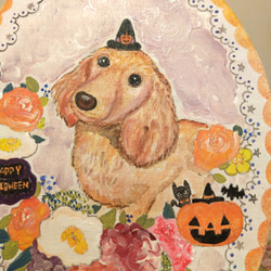 トールペイントハンドメイド☆ミニチュアダックスフンド 犬 ペット 絵 ハロウィンリース ハロウィーン飾り 表札にも！ 2枚目の画像