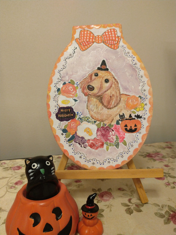 トールペイントハンドメイド☆ミニチュアダックスフンド 犬 ペット 絵 ハロウィンリース ハロウィーン飾り 表札にも！ 3枚目の画像