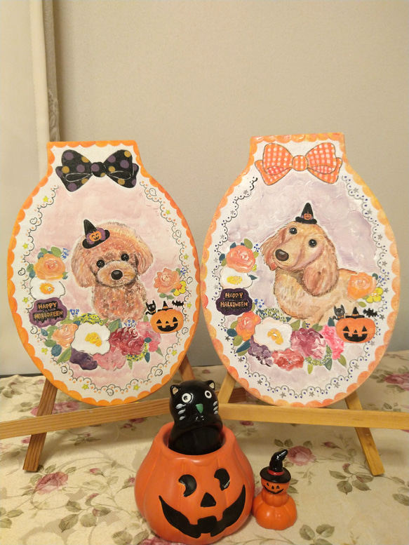 トールペイントハンドメイド☆ミニチュアダックスフンド 犬 ペット 絵 ハロウィンリース ハロウィーン飾り 表札にも！ 4枚目の画像