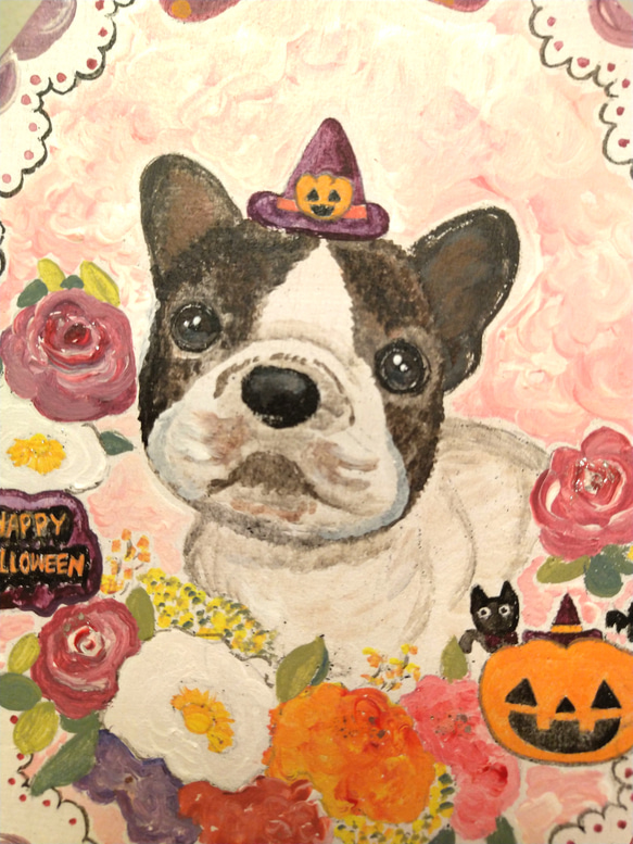  トールペイントハンドメイド☆フレンチブルドッグ フレブル 犬 ペット 絵 ハロウィンリース ハロウィーン飾り 表札看板に