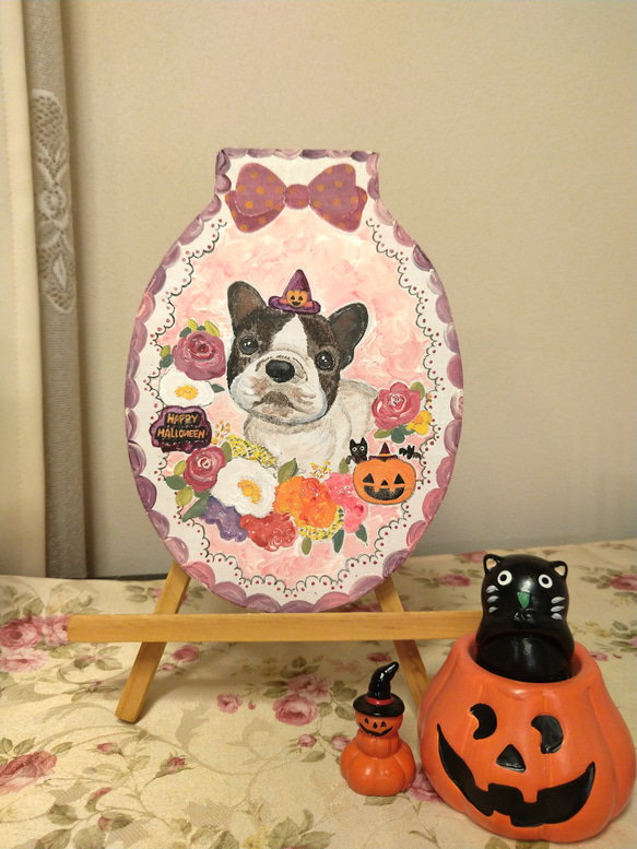  トールペイントハンドメイド☆フレンチブルドッグ フレブル 犬 ペット 絵 ハロウィンリース ハロウィーン飾り 表札看板に