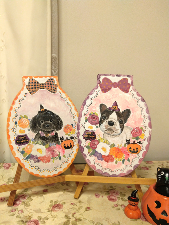  トールペイントハンドメイド☆フレンチブルドッグ フレブル 犬 ペット 絵 ハロウィンリース ハロウィーン飾り 表札看板に