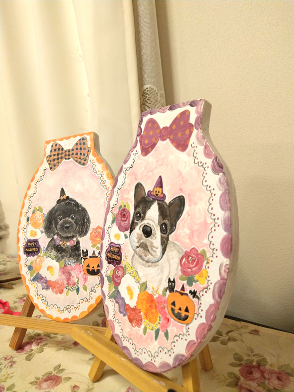 トールペイントハンドメイド☆フレンチブルドッグ フレブル 犬 ペット 絵 ハロウィンリース ハロウィーン飾り 表札看板に