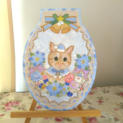 トールペイントハンドメイド☆茶トラ猫 水色クリスマスリース