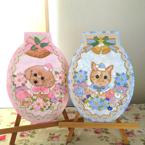 トールペイントハンドメイド☆茶トラ猫 水色クリスマスリース