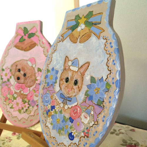 トールペイントハンドメイド☆茶トラ猫 水色クリスマスリース