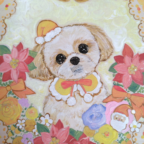 トールペイントハンドメイド☆シーズー犬 黄色クリスマスリース