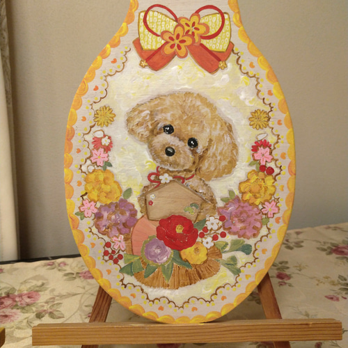 トールペイントハンドメイド☆トイプードル 黄色絵馬正月リース 犬